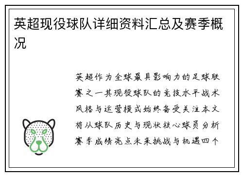 英超现役球队详细资料汇总及赛季概况